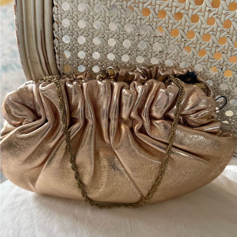 Metallic Rose Gold Ruched Clutch with Chain Strap real leather